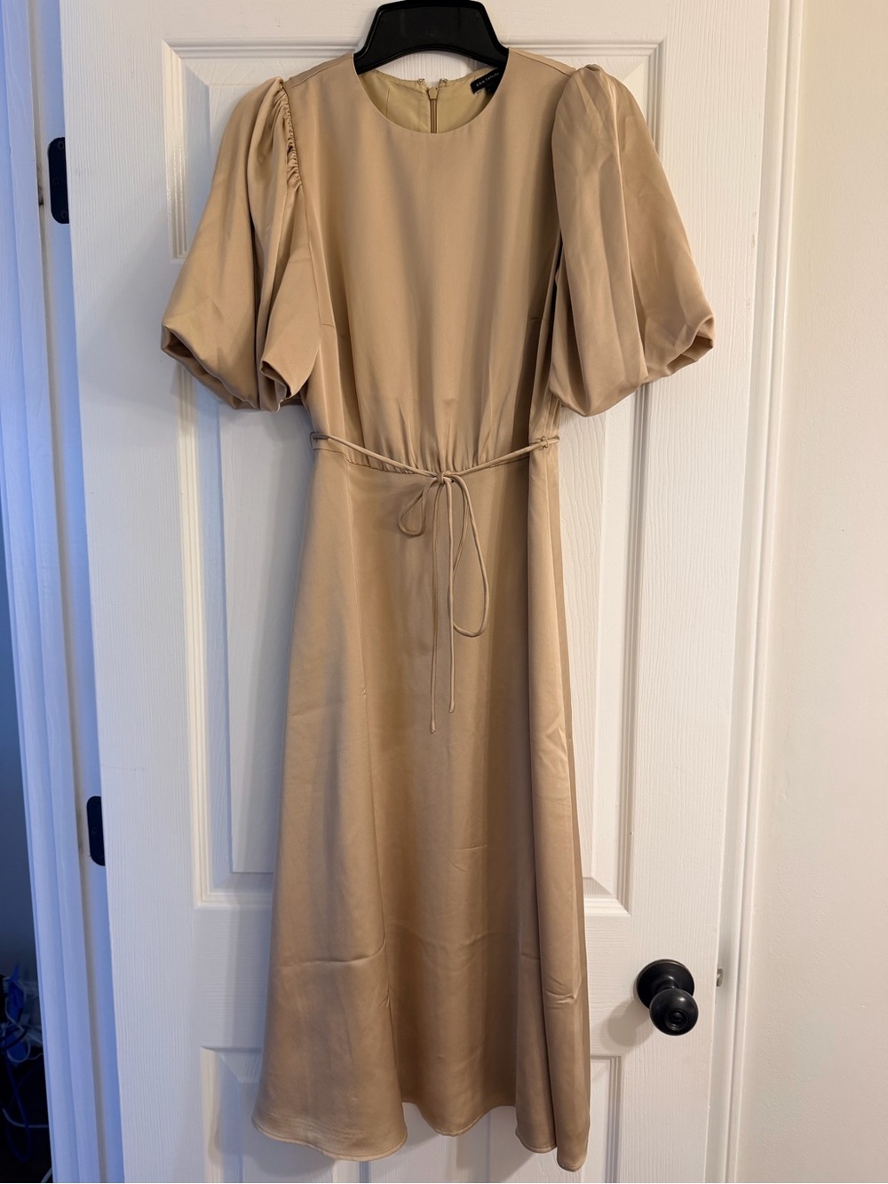 Ann Taylor Beige Puff-Sleeve Midi Dress